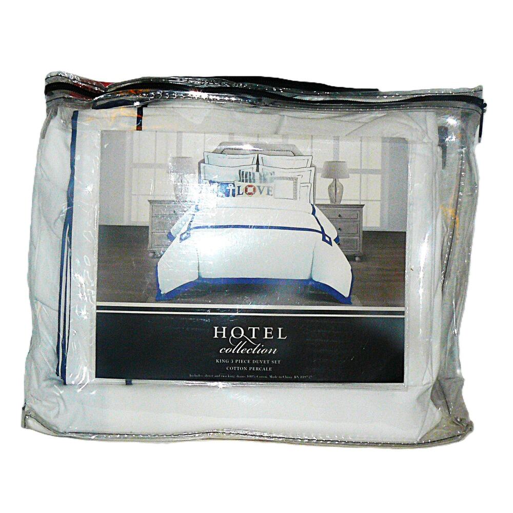 Hotel Collection King 3-Piece Duvet Cover 2 Shams 100% Cotton White Navy